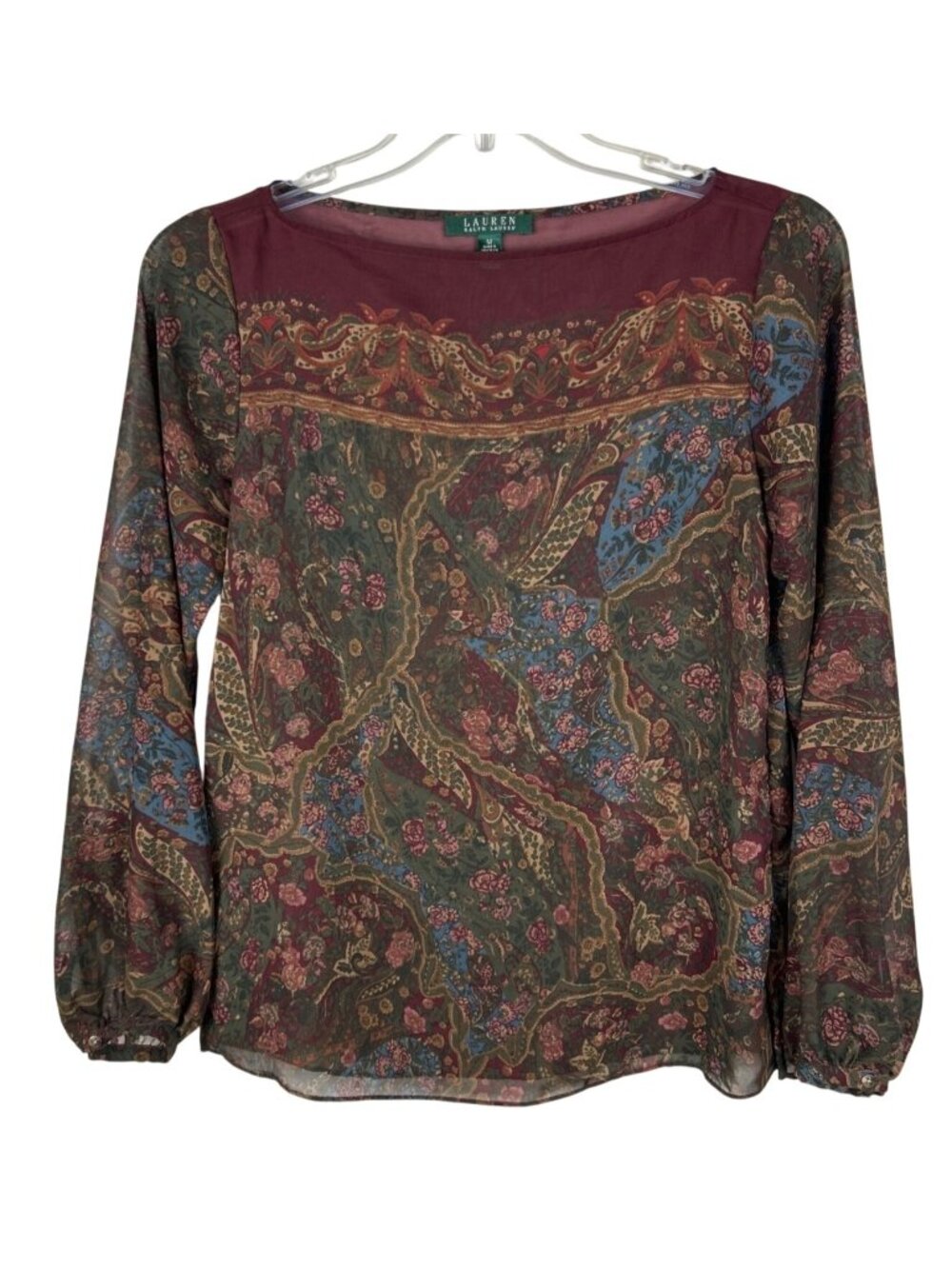 Lauren Ralph Lauren Sheer Floral Long Sleeve Burgundy Blouse Size M